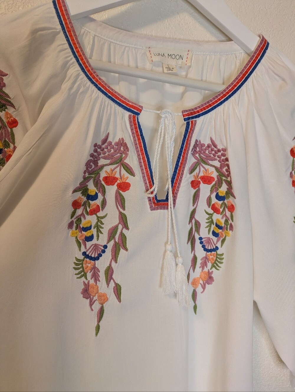 Luna Moon Embroidered Peasant Top with Colorful Floral Detail - Picture 6 of 8